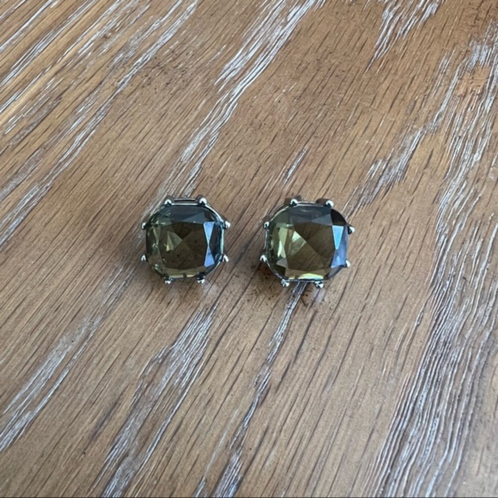 Olive Green Cushion Cut Faux Diamond Stud Statement Earrings w/ Silver Setting